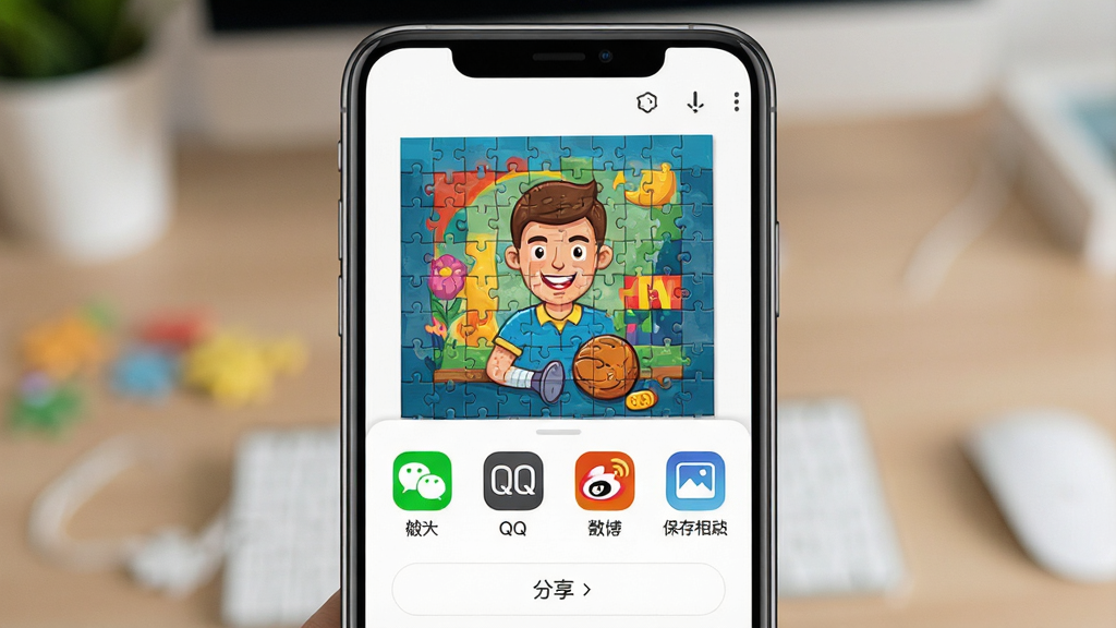 一张展示拼图大王导出与分享界面的图片,画面中央是手机屏幕,屏幕上显示拼图作品预览图和底部弹出的分享菜单,菜单中包含微信、QQ、微博、保存相册等图标,布局为居中展示,风格为简洁明快的扁平化设计,细节上作品预览图色彩饱满,画质高清,干净无多余装饰