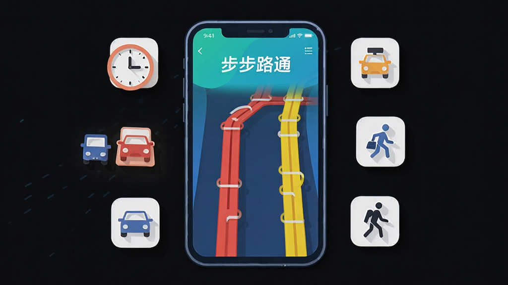 一张AI生成的插画,画面主体是一部智能手机,手机屏幕显示“步步路通”应用界面,界面上有红色和黄色的路况线条,手机周围环绕着时钟、汽车、行人等小图标,布局为居中构图,风格为扁平化科技风,细节包括路况颜色渐变、图标阴影,画质清晰,画面干净,无多余元素