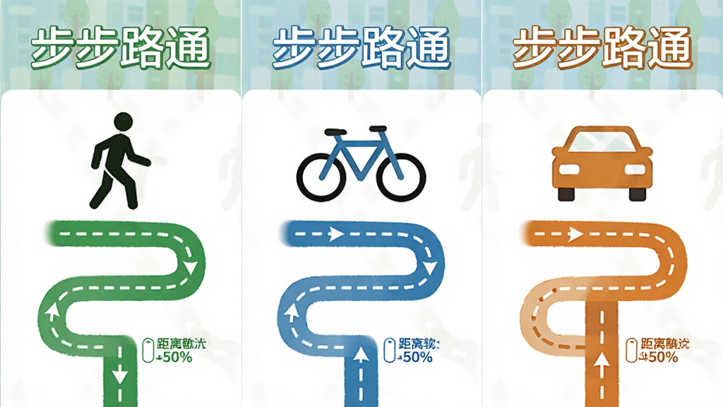 一张AI生成的示意图,画面分为三个并列区域,左侧是步行小人图标和绿色路线,中间是自行车图标和蓝色路线,右侧是汽车图标和橙色路线,三个区域上方统一显示“步步路通”文字标识,布局为横向三栏排版,风格为简洁信息图,细节包括路线虚线、方向箭头、距离数字,画质清晰,画面干净,无多余元素
