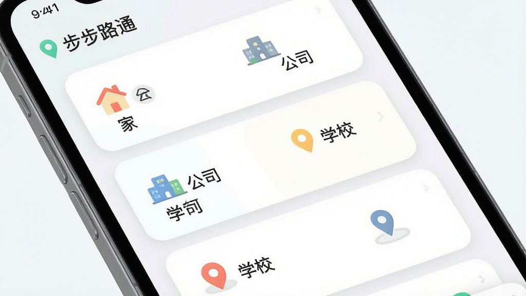 一张AI生成的手机界面展示图,画面主体是“步步路通”应用的收藏夹页面,页面上排列着多个地点卡片,卡片上有“家”“公司”“学校”等文字标签和对应的简易图标,布局为纵向列表,风格为清新浅色系,细节包括卡片圆角、阴影、图标配色,画质清晰,画面干净,无多余元素
