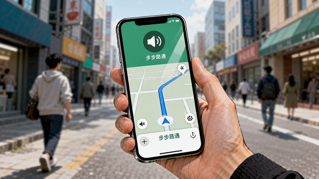 一张AI生成的场景图,画面中一位用户手持手机走在街道上,手机屏幕显示“步步路通”导航界面,屏幕上方有一个喇叭图标表示语音播报中,背景是城市街道和行人,布局为人景结合,风格为写实插画风,细节包括手机握持姿势、屏幕反光、街道透视,画质清晰,画面干净,无多余元素