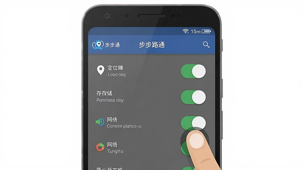 一张AI生成的手机操作示意图,画面主体是一部安卓手机,屏幕上显示“步步路通”应用的权限设置页面,页面中有定位、存储、网络等权限开关,其中一个开关被手指点击,布局为手机正面特写,风格为扁平化教程插图,细节包括手指图标、开关状态、权限文字说明,画质清晰,画面干净,无多余元素
