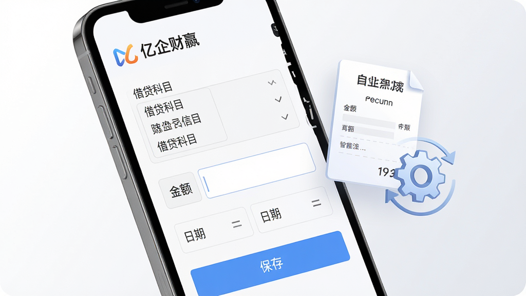 手机屏幕特写,屏幕中显示“亿企财赢”软件的凭证录入界面,界面中有借贷科目选择框、金额输入框、日期选择器和保存按钮,屏幕旁边漂浮着自动生成的凭证单据图标和齿轮转动图标,象征智能处理,背景为白色到浅灰色的柔和渐变,风格为科技简约,细节清晰,画质高清,干净,无多余元素