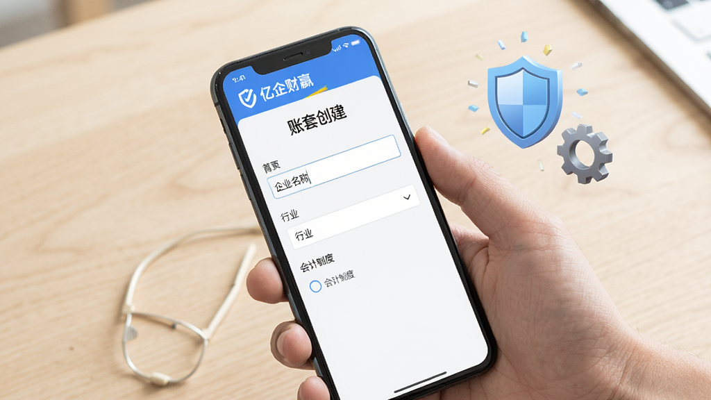 手机操作场景图,一只手拿着手机,手机屏幕上显示“亿企财赢”软件的账套创建页面,页面中有企业名称输入框、行业选择下拉菜单和会计制度选项,手机旁边有一个盾牌图标和齿轮图标,象征安全与设置,背景为浅色木质桌面,风格为生活化写实,细节自然,画质高清,干净,无多余元素