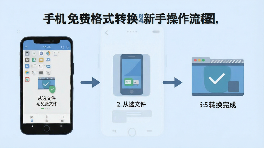 手机免费格式转换新手操作流程图,手机屏幕显示从选文件到转换完成的步骤示意,背景为淡蓝色,布局分步清晰,风格扁平化,细节干净,画质清晰,无多余元素