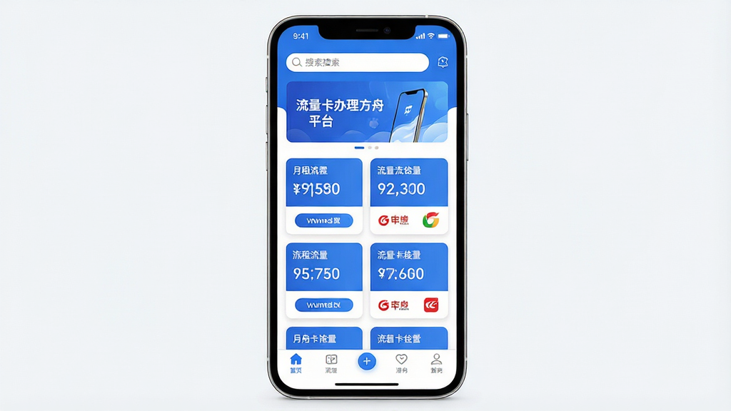 一张竖版手机应用界面展示图,画面中央是一部现代智能手机,屏幕内呈现蓝白配色的流量卡办理方舟平台首页,顶部有搜索栏和轮播横幅,中部整齐排列多张流量套餐卡片,每张卡片标注月租、流量额度与运营商标识,底部为导航栏,整体布局简洁清晰,风格为扁平化科技风,细节包括状态栏信号图标、卡片圆角阴影、按钮高亮效果,画质高清,画面干净,无多余元素,屏幕中文字内容包含“流量卡办理方舟平台”