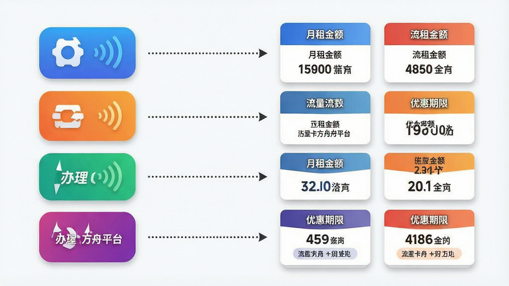 一张横向信息聚合示意图,画面左侧排列四个不同颜色的运营商图标标识,右侧对应展示多张流量套餐对比卡片,卡片上标注月租金额、流量数字与优惠期限,中间以虚线箭头连接,整体布局对称有序,风格为简约商务扁平插画,细节包括卡片阴影、图标渐变、数字加粗显示,画质高清,画面干净,无多余元素,图中文字包含“流量卡办理方舟平台”