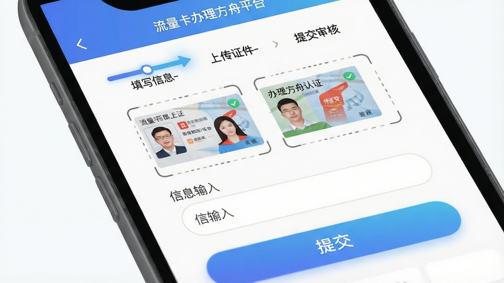 一张手机应用操作指引图,画面为手机屏幕截图风格,屏幕内展示流量卡办理方舟平台的实名认证页面,页面上方有步骤条显示“填写信息-上传证件-提交审核”,中部为身份证正反面拍摄区域与信息输入框,底部为提交按钮,整体布局清晰,风格为扁平化界面设计,细节包括步骤条高亮、输入框圆角、按钮渐变,画质高清,画面干净,无多余元素,屏幕中文字包含“流量卡办理方舟平台”