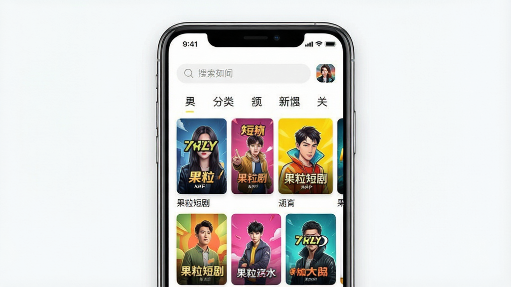 一张简洁明亮的手机应用界面展示图,画面中央清晰呈现“果粒短剧”APP的首页布局,上方有搜索框和分类标签,下方是整齐排列的短剧封面海报墙,色彩明快,风格现代简约,细节精致,画质清晰,干净无多余元素