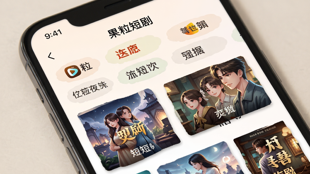 手机屏幕中展示“果粒短剧”的剧目分类页面,画面中排列着多种题材标签和精美的短剧封面图,背景浅色柔和,光影自然,主体突出,排版整齐,画质细腻,干净清爽