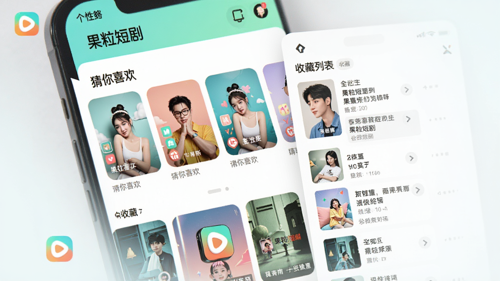 手机界面展示“果粒短剧”的个性化推荐页面,画面中有“猜你喜欢”板块和收藏列表,封面图风格多样,配色清新,布局简洁有序,细节精致,画质清晰,干净无多余装饰