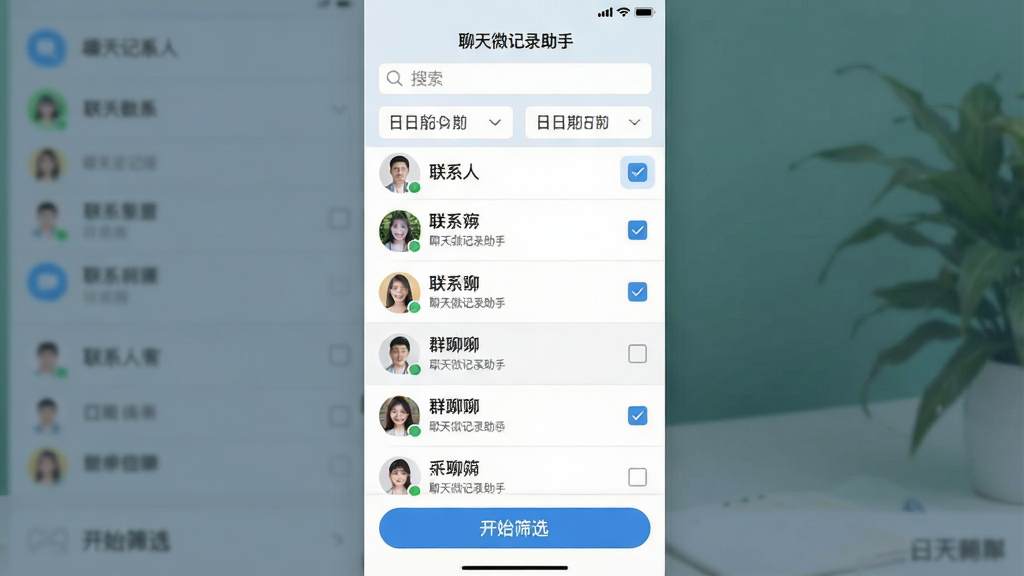 一张软件界面截图风格的图片,展示聊天微记录助手的筛选功能页面,页面顶部有搜索框和日期选择器,中部是联系人列表和群聊列表,每个条目旁边有复选框,底部有“开始筛选”按钮,界面文字包含“聊天微记录助手”,风格为现代移动应用UI,配色清爽,细节包括图标、文字标签、选中状态,画质清晰,干净,无多余元素