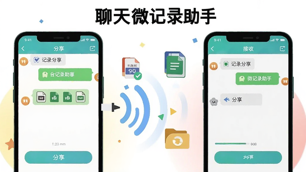 一张展示手机之间数据传输的图片,画面中两部手机并排,中间有无线信号波纹和文件图标飞舞,手机屏幕分别显示聊天微记录助手的分享界面和接收界面,画面带有“聊天微记录助手”文字,风格为扁平化插画,配色活泼,细节包括分享按钮、文件格式图标、传输进度,画质清晰,干净,无多余元素