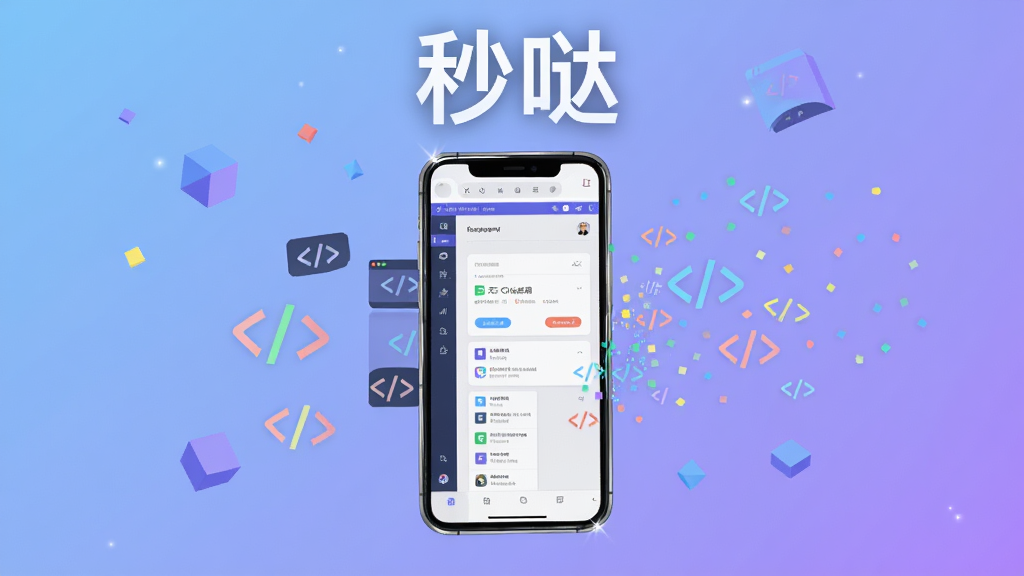 主体是一款智能手机悬浮在画面中央,屏幕内显示简洁的无代码应用搭建界面,周围环绕着代码符号消散为彩色光点的视觉效果,布局采用居中对称构图,上方留白处用醒目字体写着