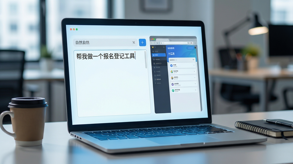 主体是一台打开的笔记本电脑,屏幕上显示着自然语言输入框和自动生成的应用界面预览,输入框中有中文描述文字
