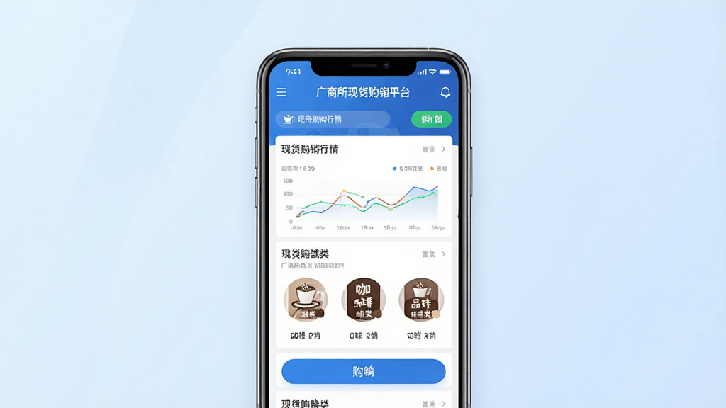 一张展现广商所现货购销平台核心全貌的宣传图,主体为一部智能手机屏幕显示广商所现货购销平台的首页界面,界面中包含现货购销行情列表和咖啡品类图标,布局为手机居中放置,背景为简洁的浅蓝色渐变,风格为现代商务科技风,细节包括屏幕上的数据图表和购销按钮,画质高清,画面干净,无多余元素,图片中文字为“广商所现货购销平台”