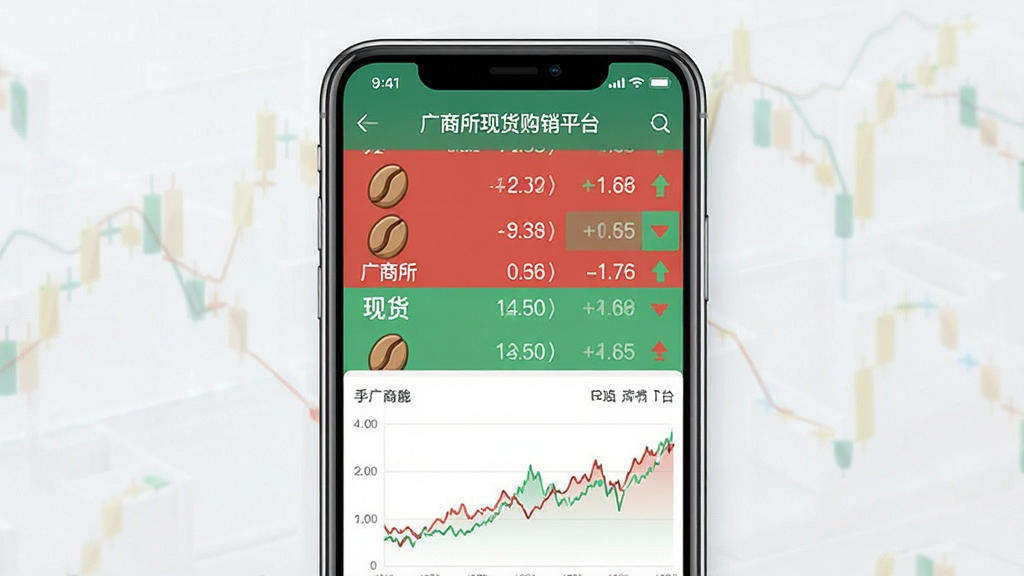 一张展示广商所现货购销平台行情功能的界面截图风格图片,主体为手机屏幕显示红绿相间的现货行情列表和折线图,布局为手机竖屏居中,风格为扁平化金融科技风,细节包括咖啡豆图标、价格数字和涨跌箭头,画质清晰,画面干净,无多余元素,图片中文字为“广商所现货购销平台”
