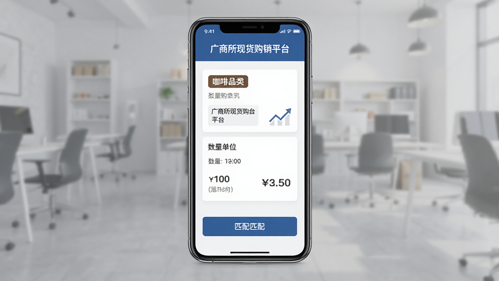 一张展示广商所现货购销平台购销匹配功能的界面示意图,主体为手机屏幕显示购销信息卡片和匹配按钮,布局为手机居中放置,风格为简约商务风,细节包括咖啡品类标签、数量单位和价格数字,画质高清,画面干净,无多余元素,图片中文字为“广商所现货购销平台”