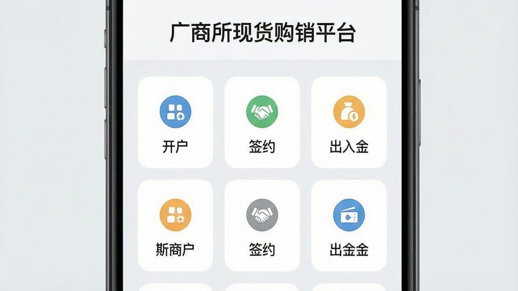 一张展示广商所现货购销平台个人中心业务入口的界面图,主体为手机屏幕显示多个功能图标如开户、签约、出入金,布局为网格状排列,风格为清爽浅色风,细节包括图标下方的文字说明和浅灰色背景,画质清晰,画面干净,无多余元素,图片中文字为“广商所现货购销平台”