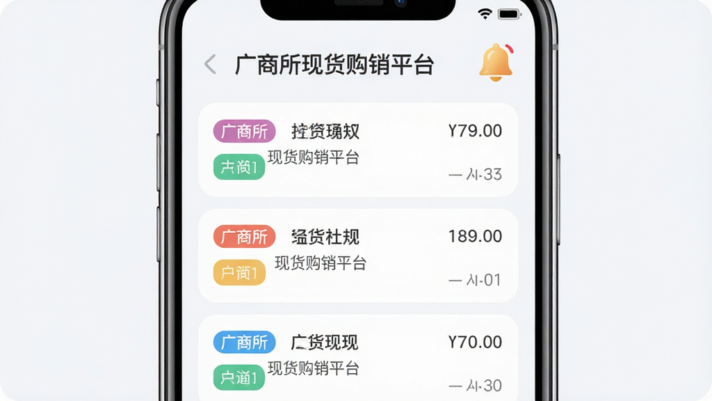 一张展示广商所现货购销平台消息通知功能的界面图,主体为手机屏幕显示通知列表和铃铛图标,布局为手机竖屏居中,风格为柔和圆角风,细节包括不同颜色的通知标签和时间戳,画质高清,画面干净,无多余元素,图片中文字为“广商所现货购销平台”
