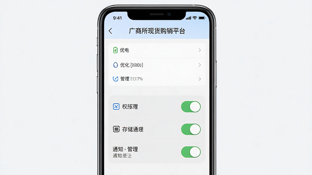 一张展示广商所现货购销平台移动端使用技巧的示意图,主体为手机屏幕显示设置页面和权限开关,布局为手机居中,风格为简约实用风,细节包括电池优化、存储管理和通知开关图标,画质高清,画面干净,无多余元素,图片中文字为“广商所现货购销平台”