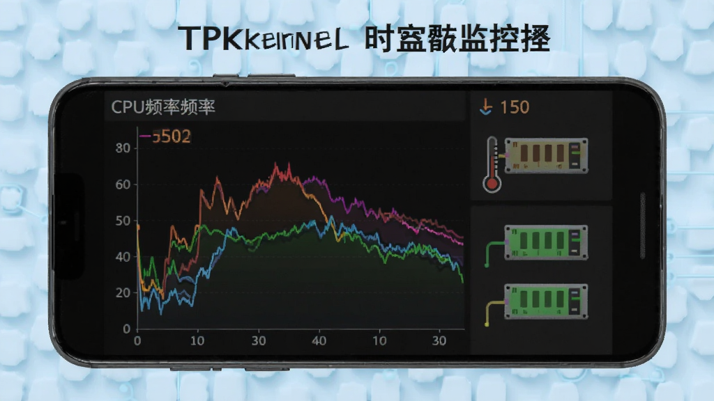 一张展示Tpkernel实时监控功能的预览图,画面中央是一部安卓手机,屏幕显示彩色折线图和数值面板,折线图标注CPU频率变化,旁边有温度计图标和内存条图标,背景为淡蓝色科技纹理,风格干净利落,画质清晰,无多余元素。