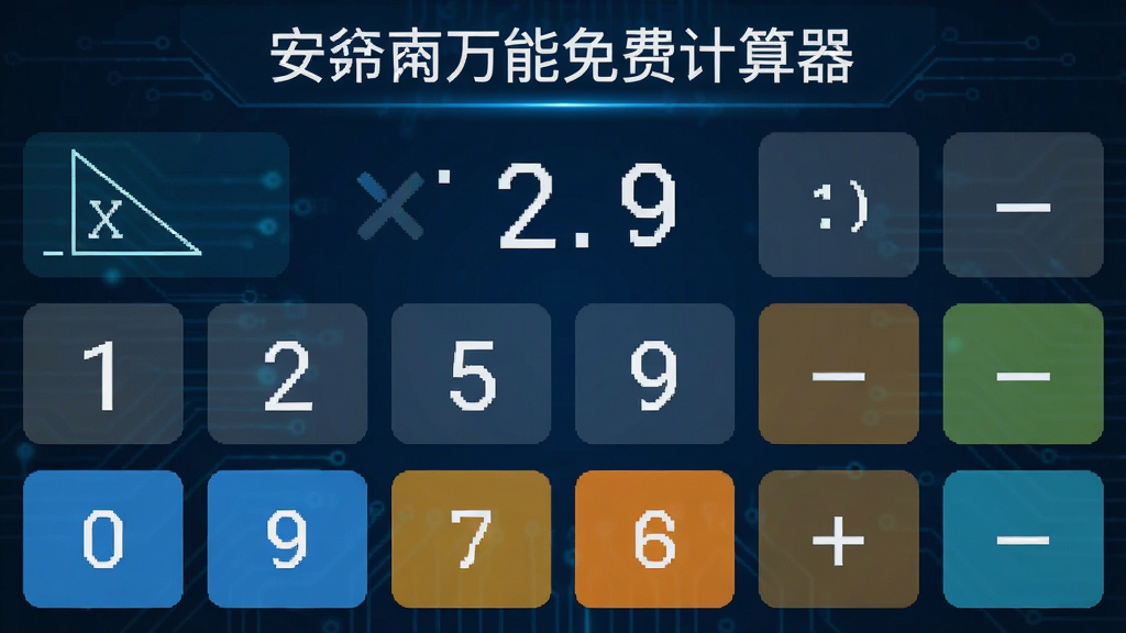 一张展示“安卓万能免费计算器”科学计算模式的界面截图,屏幕上显示三角函数、对数、指数等高级运算按钮,背景为深蓝色科技风格,界面布局清晰,数字和符号高亮显示,画质清晰,干净无多余元素