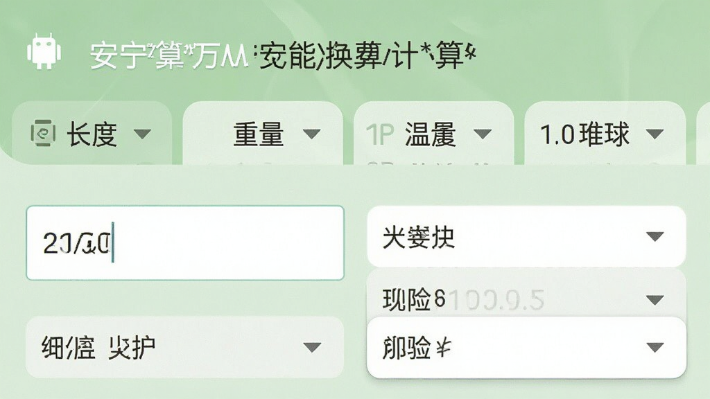一张展示“安卓万能免费计算器”单位换算功能的界面图,屏幕上方显示长度、重量、温度等分类标签,下方是数值输入框和单位选择下拉菜单,背景为柔和的浅绿色调,界面简洁直观,画质清晰,干净无多余元素