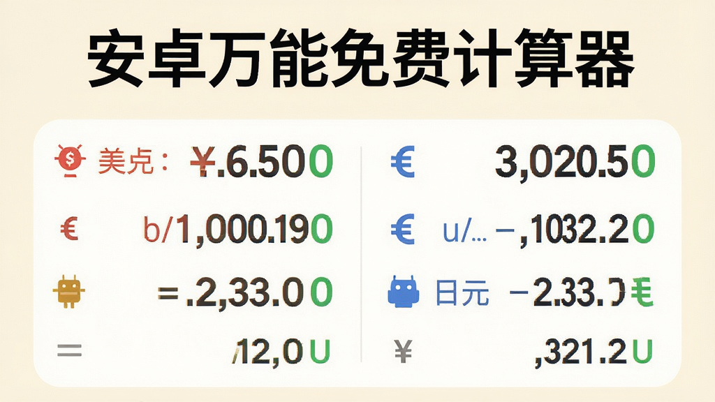 一张展示“安卓万能免费计算器”汇率转换功能的手机界面图,屏幕上显示人民币与美元、欧元、日元等货币的换算结果,背景为淡雅的米白色,界面布局清晰,数字和货币符号醒目,画质清晰,干净无多余元素