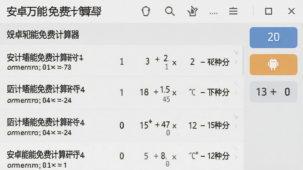 一张展示“安卓万能免费计算器”历史记录和内存功能的界面图,屏幕上显示多条计算历史记录列表,右侧有内存存储按钮,背景为浅灰色,界面干净整洁,文字清晰可读,画质清晰,无多余元素