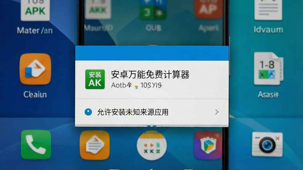 一张展示安卓手机安装APK文件的界面图,屏幕上显示“安卓万能免费计算器”安装确认弹窗,下方有“允许安装未知来源应用”的提示,背景为手机桌面,风格写实,画质清晰,干净无多余元素