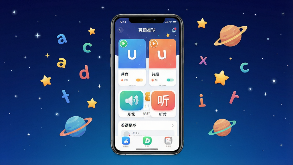 一张展示英语星球APP核心界面的手机屏幕图片,画面中央是一部智能手机,屏幕上显示着英语星球的应用主界面,包含单词卡片、闯关进度、听力练习图标等元素。手机周围漂浮着英语字母、小星星和星球图案。整体布局居中,背景为深蓝色星空渐变,风格清新活泼,细节精致,画质高清,干净无多余元素,画面中带有“英语星球”文字。