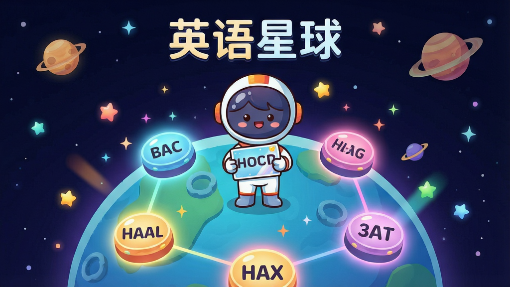 一张展示英语星球单词闯关功能的场景图,画面主体是一个卡通风格的星球表面,上面分布着多个发光的关卡节点,每个节点上标注着英文单词。一个卡通宇航员手持单词卡片站在星球上,背景是深邃的宇宙星空。布局采用中心构图,风格活泼可爱,细节包括闪烁的星星和彩色光晕,画质高清,干净无多余元素,画面中带有“英语星球”文字。