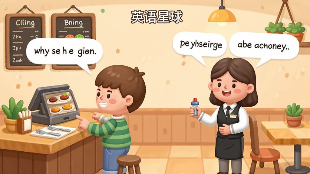 一张展示英语星球口语练习功能的场景图,画面中两个卡通人物正在用英语对话,一个在点餐台前,另一个是服务员。对话气泡中显示英文句子。背景是温馨的餐厅场景,布局为左右对称,风格明快友好,细节包括菜单、餐具和装饰植物,画质高清,干净无多余元素,画面中带有“英语星球”文字。