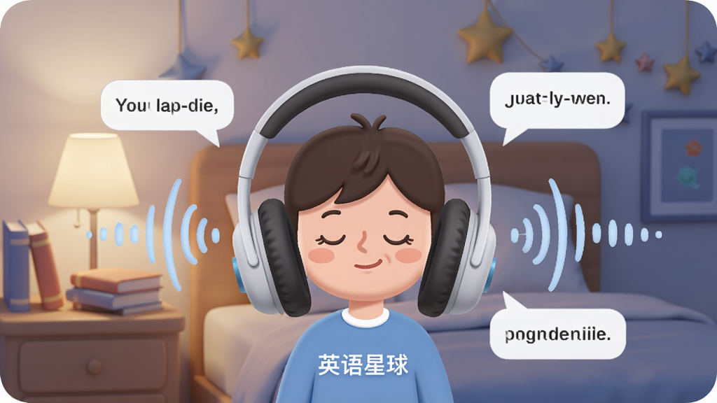 一张展示英语星球听力训练功能的场景图,画面中央是一副大耳机,耳机周围环绕着声波图形和英文对话气泡。背景是舒适的卧室环境,一个卡通人物戴着耳机闭眼聆听。布局为居中构图,风格安静柔和,细节包括床头灯、书本和星星装饰,画质高清,干净无多余元素,画面中带有“英语星球”文字。