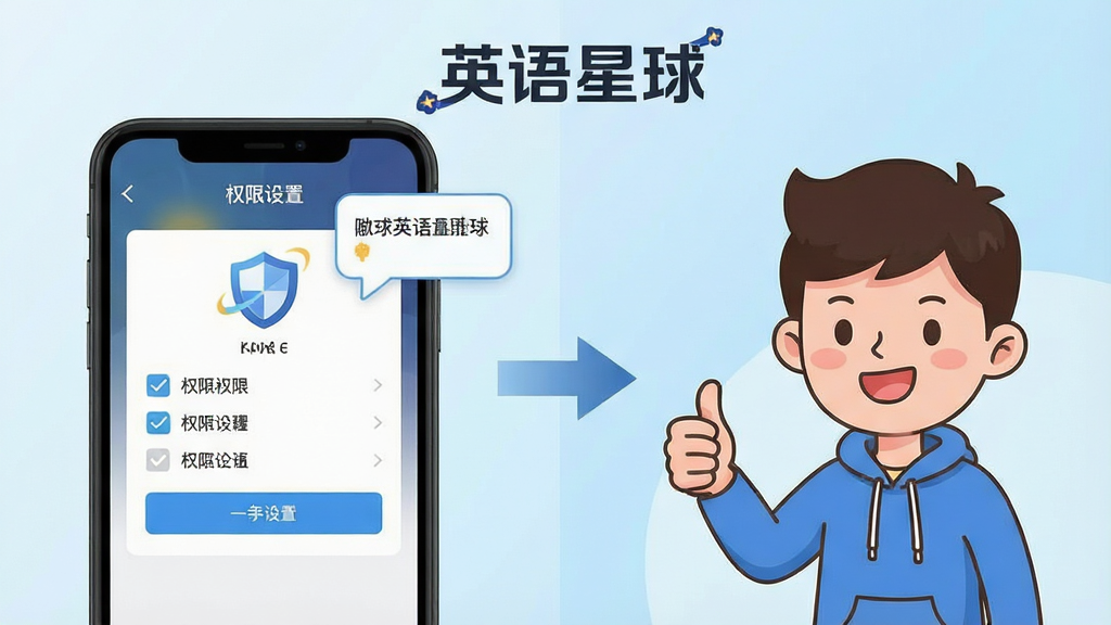 一张展示英语星球新手使用指南的示意图,画面分为左右两部分,左侧是手机屏幕显示权限设置界面,右侧是卡通人物竖起大拇指。中间用箭头连接,背景是淡蓝色渐变。布局清晰明了,风格简洁易懂,细节包括勾选框、盾牌图标和提示气泡,画质高清,干净无多余元素,画面中带有“英语星球”文字。