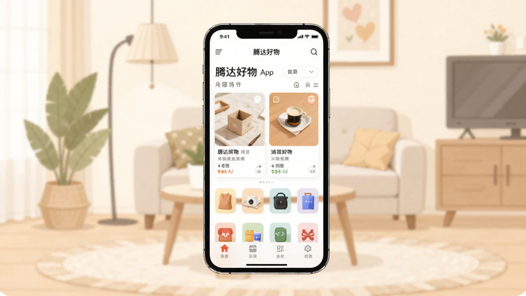 画面中央放置一部智能手机,屏幕显示“腾达好物”App首页界面,界面中包含商品卡片与分类图标,背景为浅色居家环境,采用扁平化插画风格,细节清晰,画质干净,无多余元素