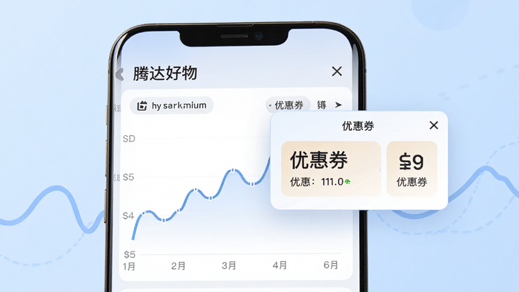 画面展示“腾达好物”价格走势折线图与优惠券弹窗,手机界面清晰,配色柔和,背景为浅蓝色渐变,风格商务简洁,画质干净,无多余装饰