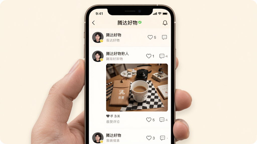 手机界面显示“腾达好物”社区页面,用户头像与晒单图片排列在信息流中,点赞与评论图标清晰可见,背景为暖白色调,风格社交化,画质干净,无多余元素