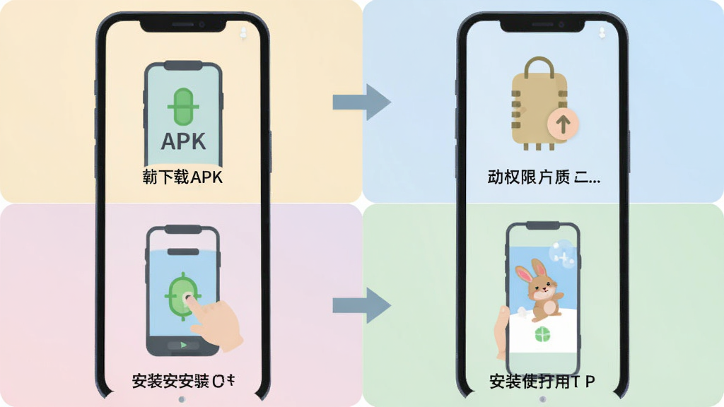 英语分级兔安装步骤示意图,画面以手机屏幕为载体,分四格展示下载APK、开启权限、点击安装、打开使用的流程,每格配有简洁图标和箭头指引,风格扁平化,色彩柔和,画质清晰,干净无多余元素