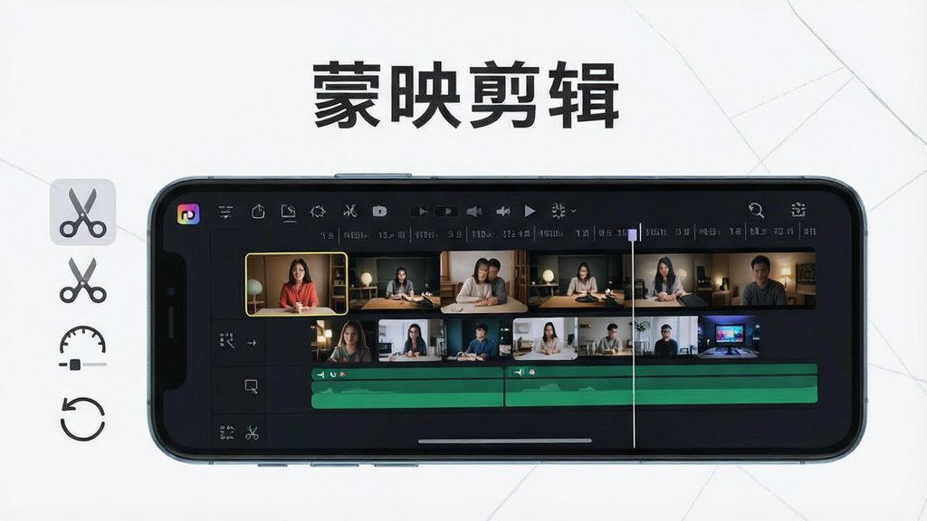 一张展示蒙映全能剪辑工具功能的图片,画面主体为手机屏幕,屏幕内显示多段视频素材在时间轴上排列,旁边有剪刀、速度调节、旋转箭头等工具图标,布局清晰,风格简洁扁平化,细节丰富,画质高清,干净无多余元素,画面中文字“蒙映剪辑”