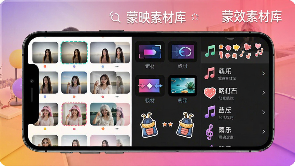 一张展示蒙映素材库与特效面板的图片,画面为手机屏幕,屏幕内显示多种滤镜缩略图、转场效果图标、贴纸和音乐列表,色彩丰富,排版整齐,风格活泼明快,细节清晰,画质高清,干净无多余元素,画面中文字“蒙映素材库”