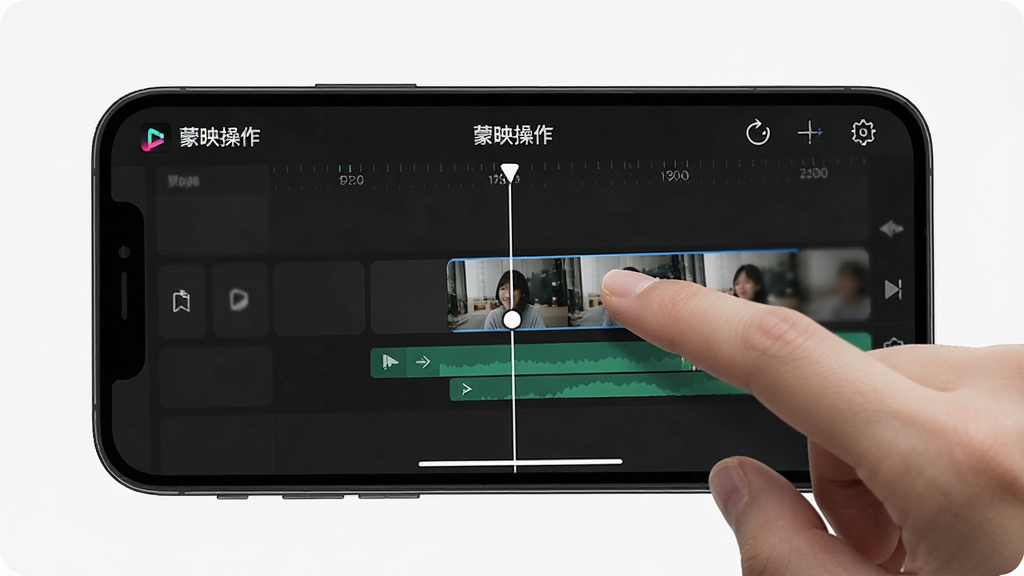 一张展示蒙映移动端操作界面的图片,画面为手机横屏显示剪辑时间轴,手指正在拖拽视频片段,界面简洁直观,背景为深色工作区,风格现代科技,细节清晰,画质高清,干净无多余元素,画面中文字“蒙映操作”