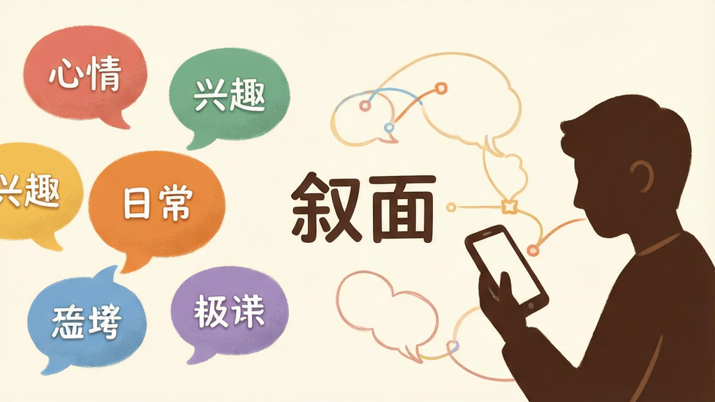 创作一张体现社交匹配概念的图片,画面左侧为多个彩色话题气泡,右侧为两个简约人物剪影正在通过手机连接,中间有“叙面”文字标识,布局采用左右对称,风格为温暖插画风,细节上气泡内写有“心情”“兴趣”“日常”等小字,画质柔和干净,背景为米白色,无多余装饰。