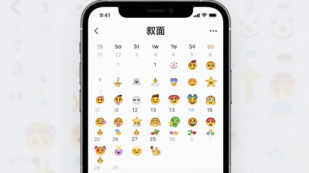 绘制一张手机应用心情记录页面的图片,画面中央是手机屏幕,屏幕内显示日历视图与彩色心情图标,顶部有“叙面”标题,布局为居中展示,风格为清新简约,细节上每个日期下方有不同表情符号,画质明亮干净,背景为浅灰色,无多余元素。