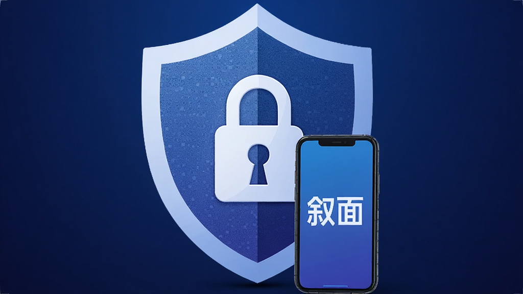 创作一张象征隐私安全的图片,主体是一个带有锁形图标的盾牌,盾牌前方放置一部手机,手机屏幕显示“叙面”字样,布局为盾牌居中、手机略靠前,风格为科技感扁平化,细节上盾牌表面有细微网格纹理,画质干净锐利,背景为深蓝色渐变,无多余装饰。
