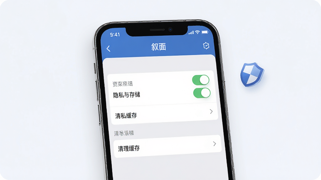 绘制一张手机应用设置界面的图片,画面为一部手机特写,屏幕显示“叙面”的隐私与存储设置页面,页面内有开关按钮与清理缓存选项,布局为居中展示,风格为简洁商务,细节上手机旁边有一个小型盾牌图标,画质清晰干净,背景为浅灰白色,无多余元素。