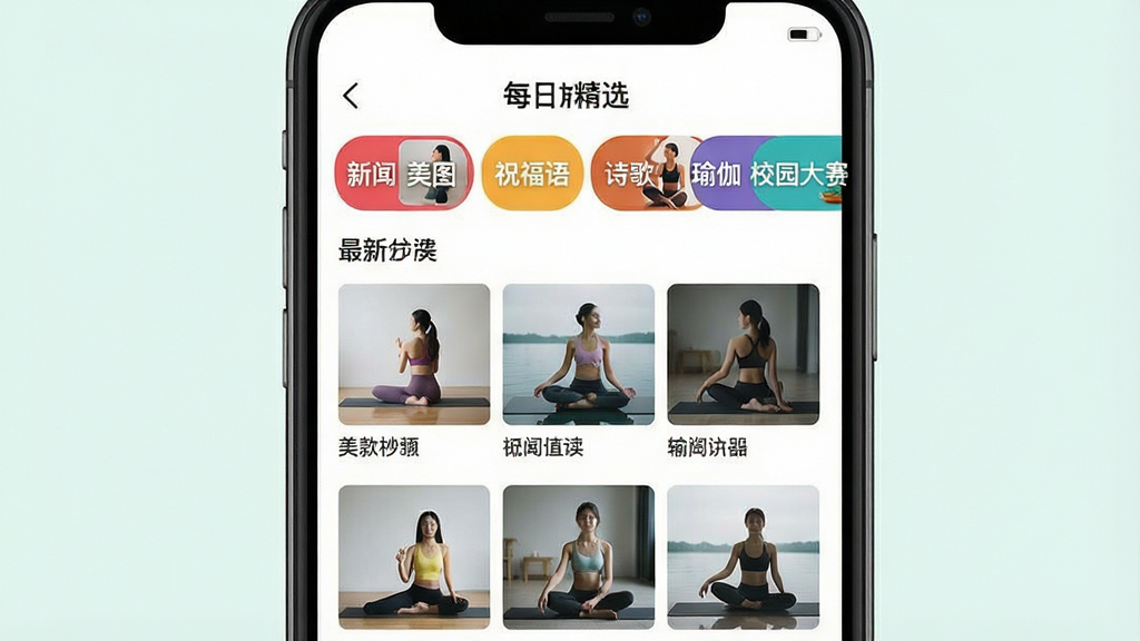 һ��չʾÿ�վ�ѡ��Ƶ������������ܵĽ���ͼ���������ֻ���Ļ��ʾÿ�վ�ѡAPP�ķ���ҳ�棬�����������������š���ͼ��ף���ʫ�衢�٤��У԰�����Ȳ�ɫ��ǩ���·���������ʽչʾ��Ƶ����������������ͼ������������ǳɫ�����ֹ����������������ɾ��޶���Ԫ��