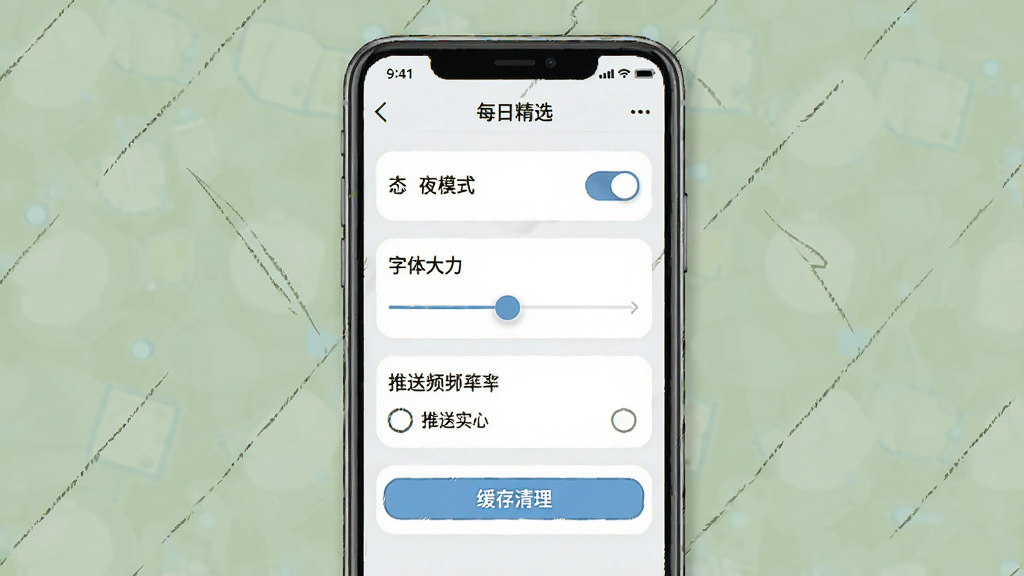 һ��չʾÿ�վ�ѡ������������ҳ���ʾ��ͼ���������ֻ���Ļ��ʾÿ�վ�ѡAPP�����ý��棬����ҹ��ģʽ���ء������С���ڻ��顢����Ƶ��ѡ��ͻ���������ť����������ǳɫ���������������ʸɾ��޶���Ԫ��