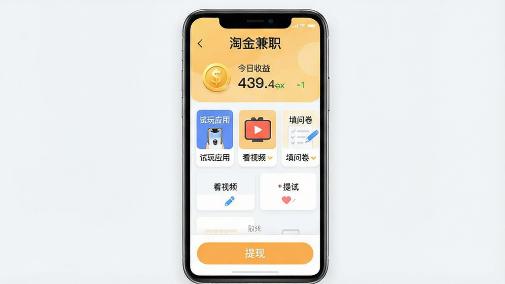 一张干净明亮的手机屏幕界面展示图,画面中央是“淘金兼职”APP的主页,上方有金币图标和今日收益数字,中间排列着多个任务卡片,卡片上写着“试玩应用”“看视频”“填问卷”等字样,底部有“提现”按钮,整体布局简洁,风格清新现代,细节清晰,画质干净无多余元素